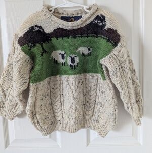 Tivoli Aran Wool Sweater with Green and Cream Accents
